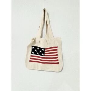 NEW Womens Tote Handbag Woven American Flag Cream Double Handle Lightweight